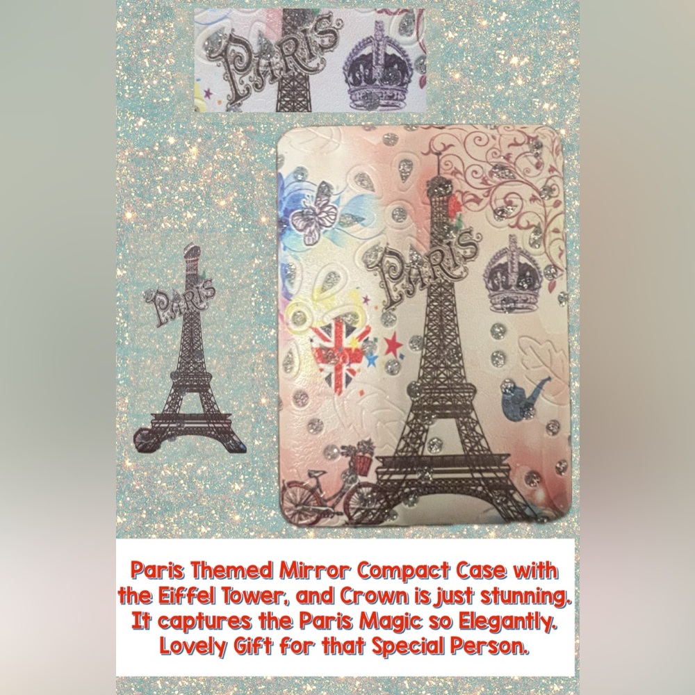 Mirror Compact Case Elegant Paris Magic Theme with the Eiffel Tower & Crown New